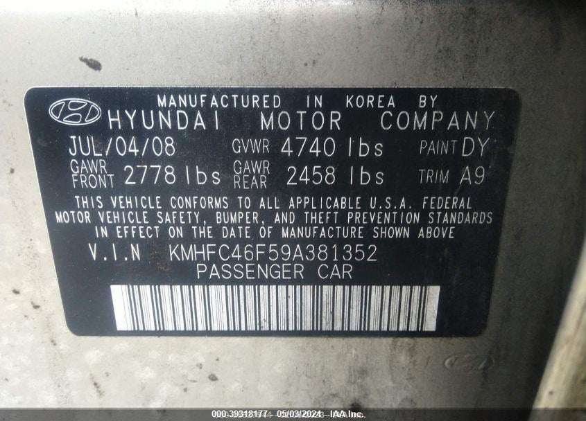 2009 HYUNDAI AZERA LIMITED VIN: KMHFC46F59A381352