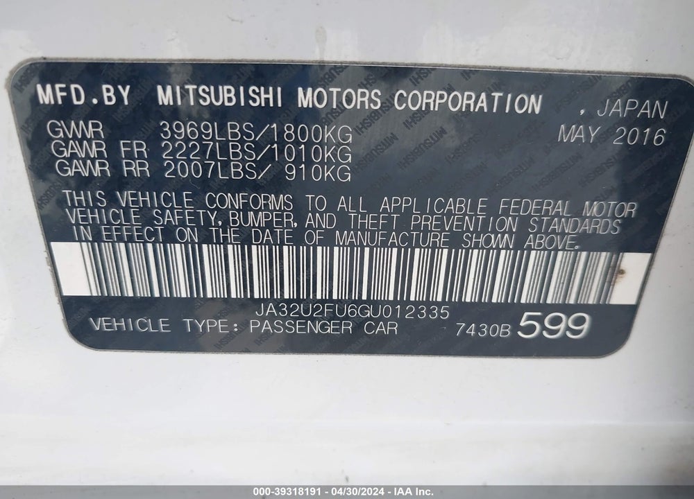 2016 MITSUBISHI LANCER ES VIN: JA32U2FU6GU012335