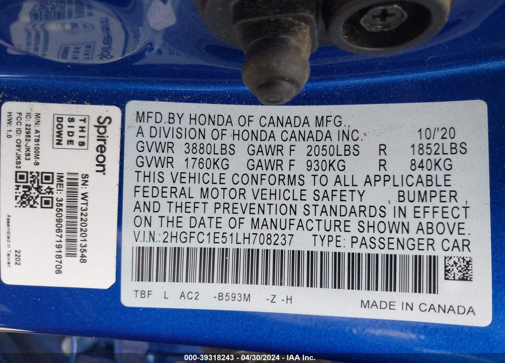 2020 HONDA CIVIC SI SEDAN VIN: 2HGFC1E51LH708237