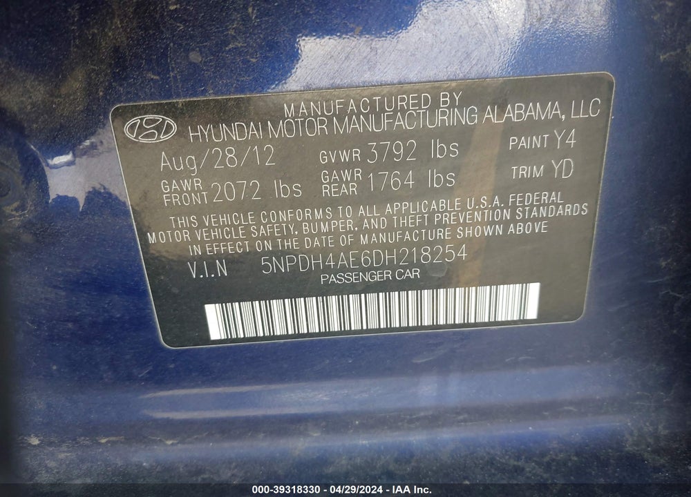 2013 HYUNDAI ELANTRA LIMITED VIN: 5NPDH4AE6DH218254