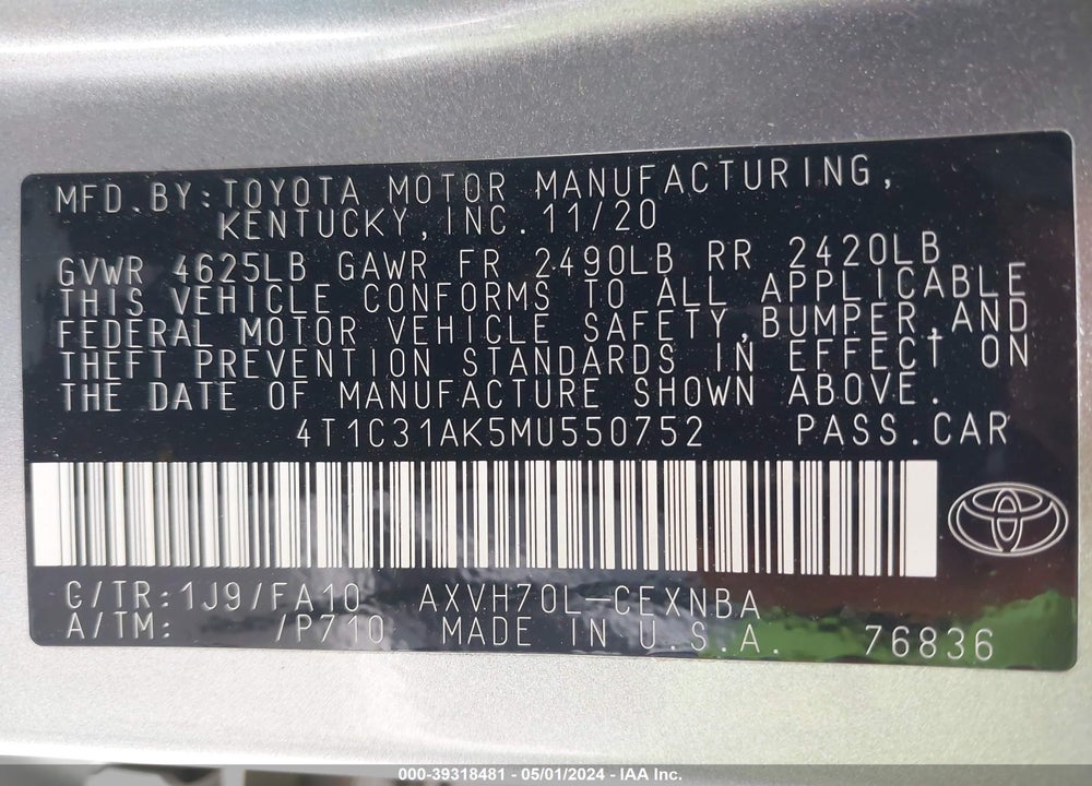 2021 TOYOTA CAMRY LE HYBRID VIN: 4T1C31AK5MU550752