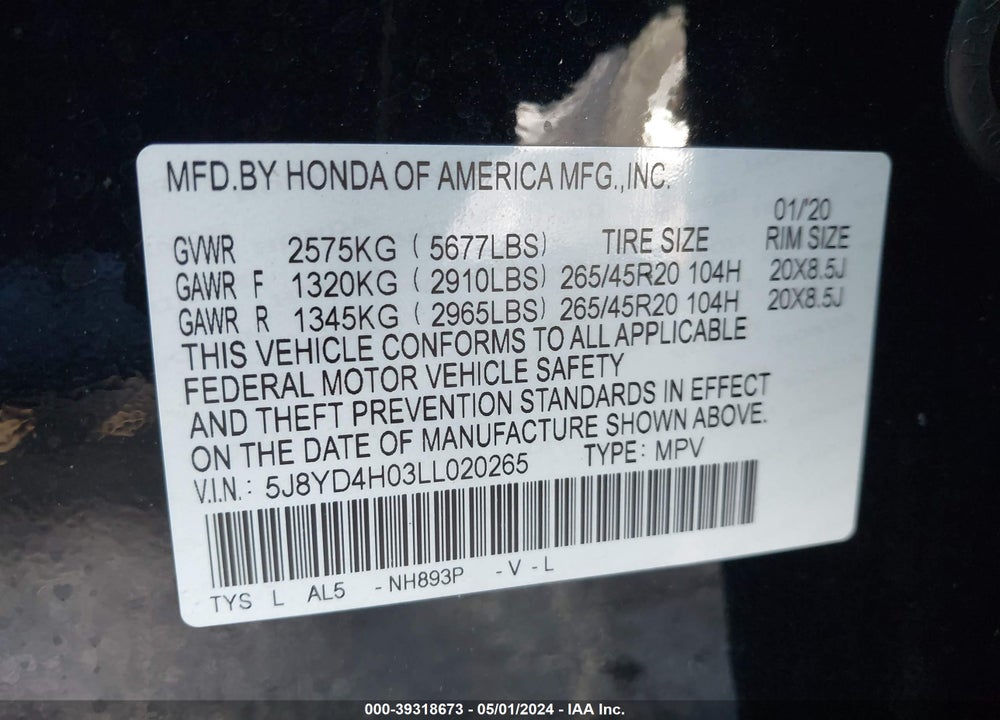 2020 ACURA MDX TECHNOLOGY A-SPEC PACKAGES VIN: 5J8YD4H03LL020265