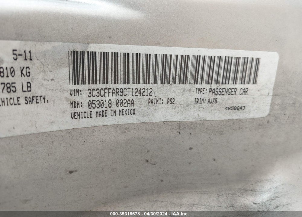 2012 FIAT 500 POP VIN: 3C3CFFAR9CT124212