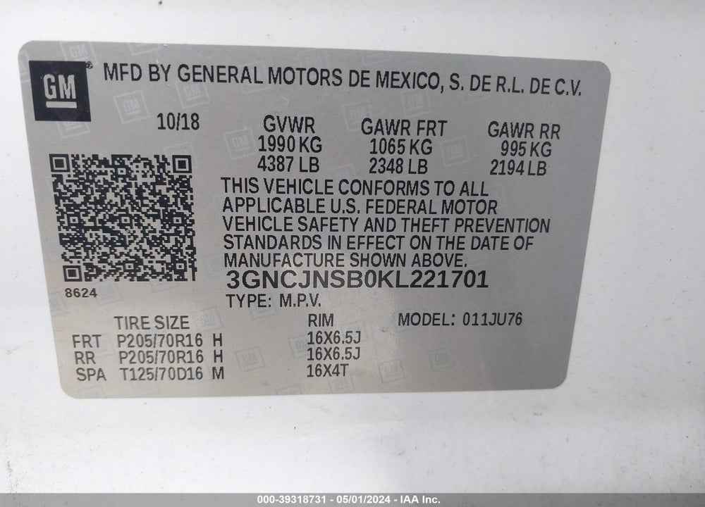 2019 CHEVROLET TRAX LS VIN: 3GNCJNSB0KL221701