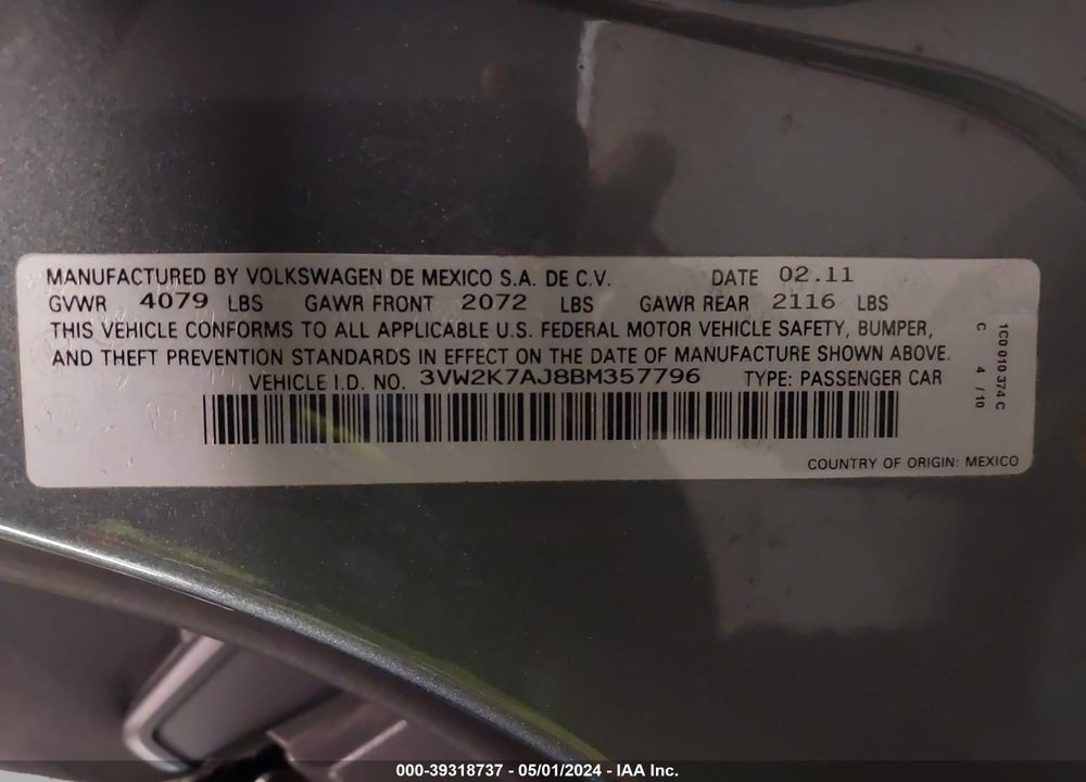 2011 VOLKSWAGEN JETTA 2.0L S VIN: 3VW2K7AJ8BM357796