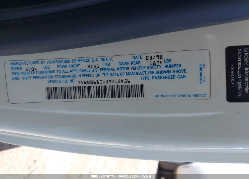 1998 VOLKSWAGEN NEW BEETLE VIN: 3VWBB61C4WM015456
