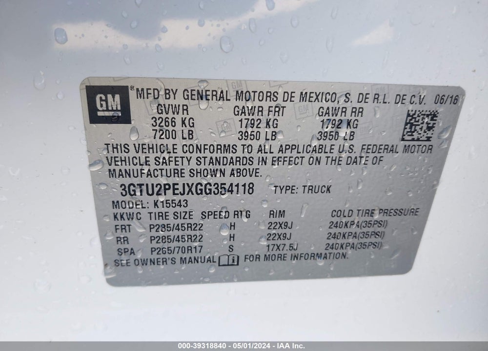 2016 GMC SIERRA 1500 DENALI VIN: 3GTU2PEJXGG354118