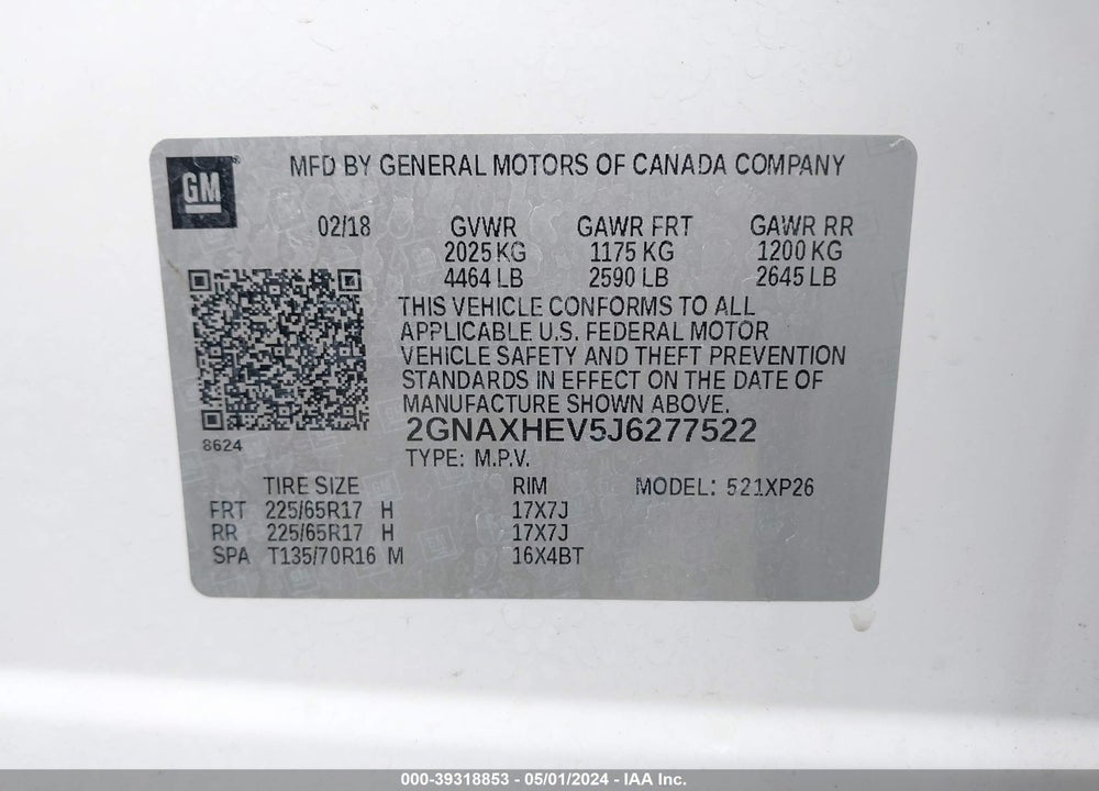 2018 CHEVROLET EQUINOX LS VIN: 2GNAXHEV5J6277522