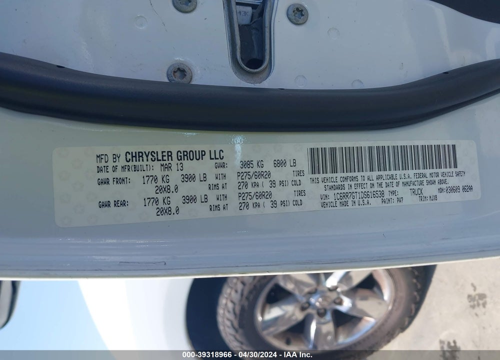 2013 RAM 1500 VIN: 1C6RR7GT1DS616538