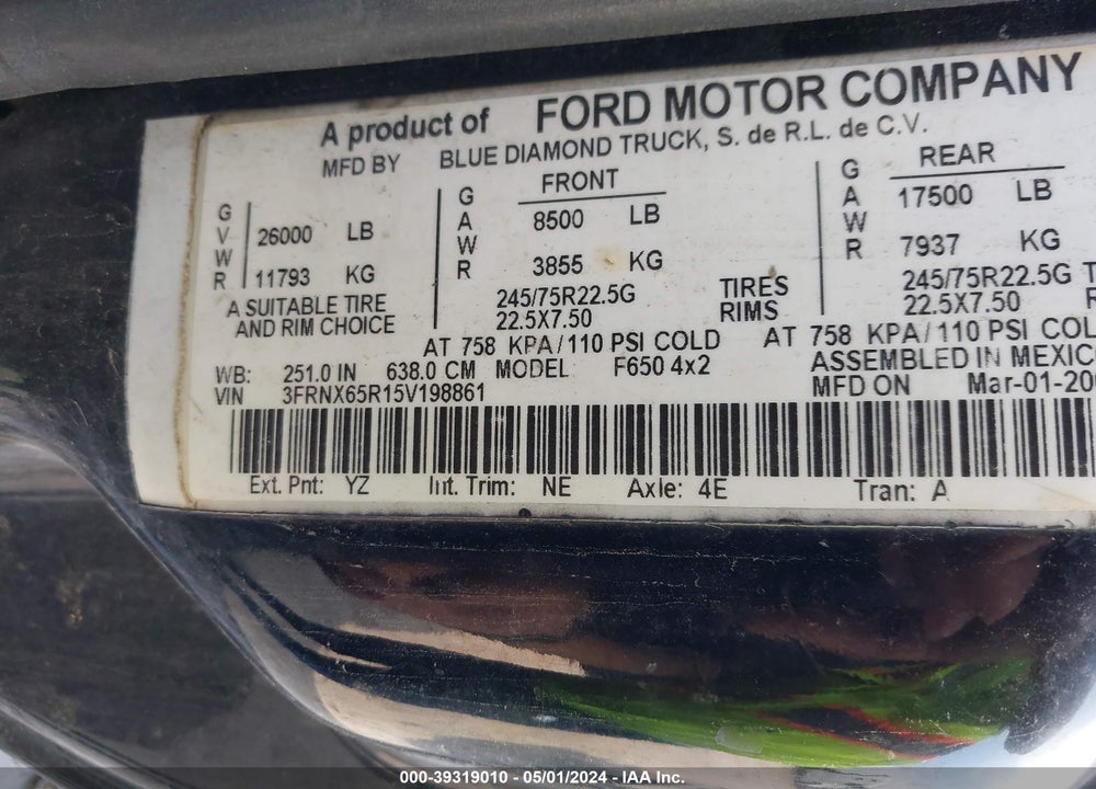 2005 FORD F-650 XL/XLT VIN: 3FRNX65R15V198861