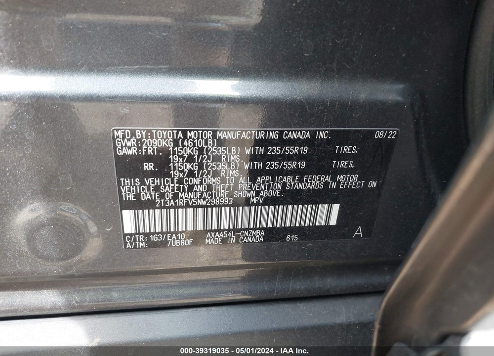 2022 TOYOTA RAV4 XLE PREMIUM VIN: 2T3A1RFV5NW298993