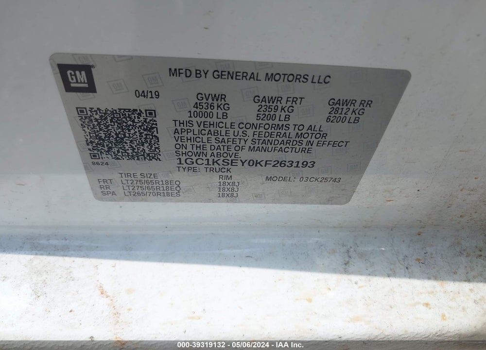 2019 CHEVROLET SILVERADO 2500HD VIN: 1GC1KSEY0KF263193