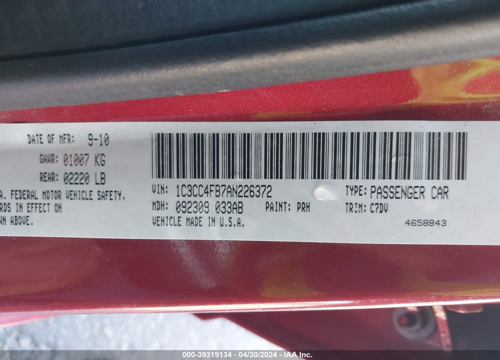 2010 CHRYSLER SEBRING VIN: 1C3CC4FB7AN226372