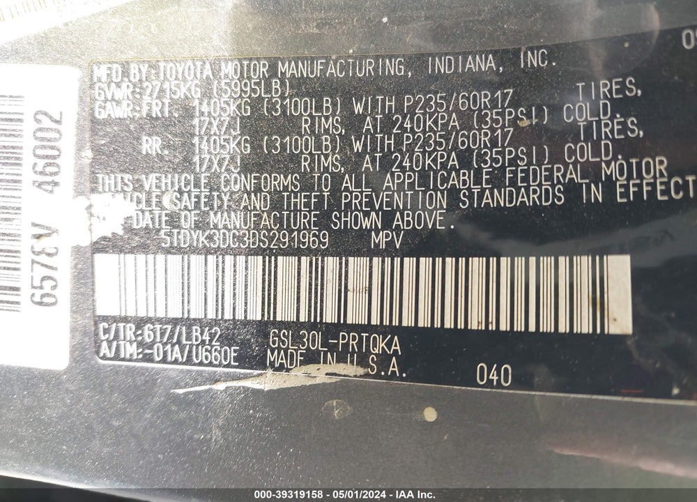 2013 TOYOTA SIENNA XLE V6 8 PASSENGER VIN: 5TDYK3DC3DS291969