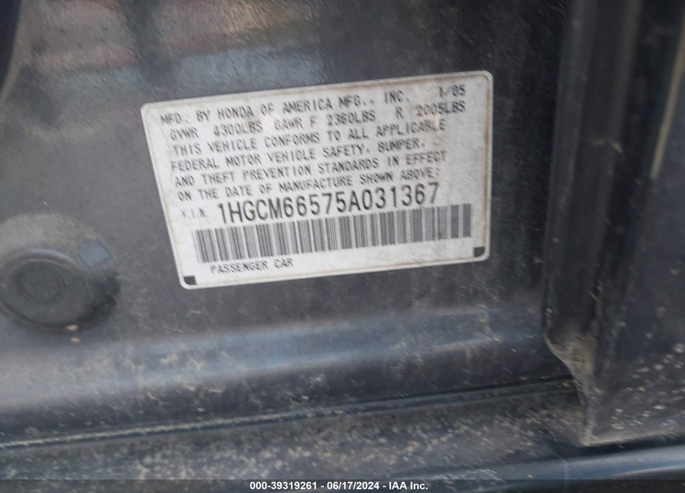 2005 HONDA ACCORD 3.0 EX VIN: 1HGCM66575A031367
