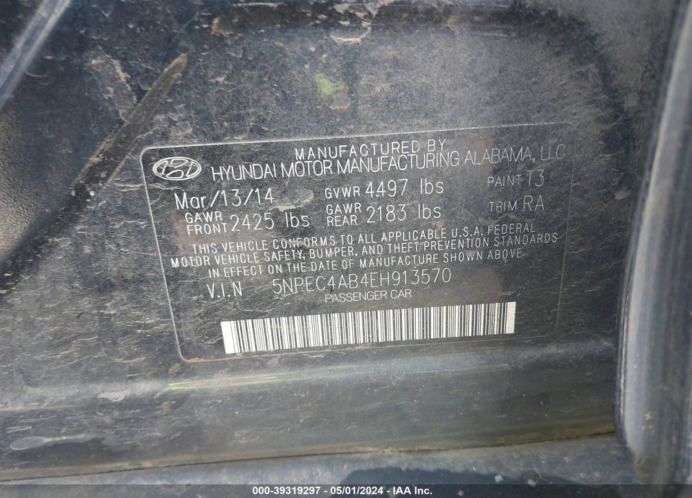 2014 HYUNDAI SONATA SE 2.0T VIN: 5NPEC4AB4EH913570
