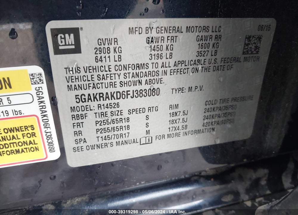 2015 BUICK ENCLAVE CONVENIENCE VIN: 5GAKRAKD6FJ383080