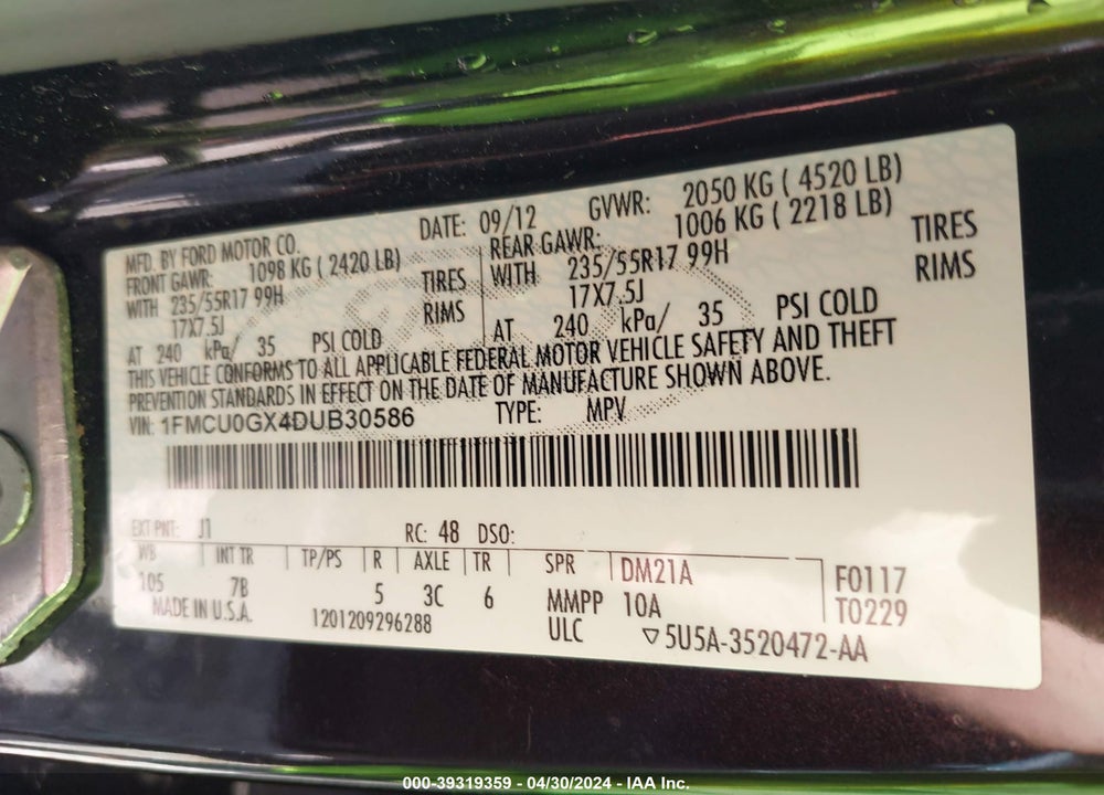 2013 FORD ESCAPE VIN: 1FMCU0GX4DUB30586