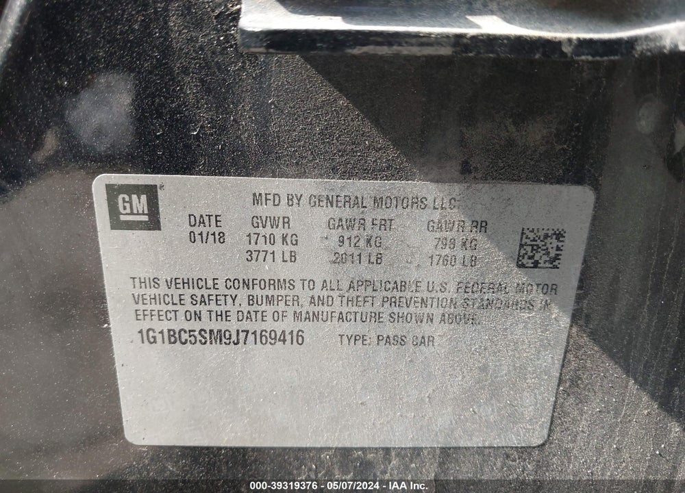 2018 CHEVROLET CRUZE LS AUTO VIN: 1G1BC5SM9J7169416