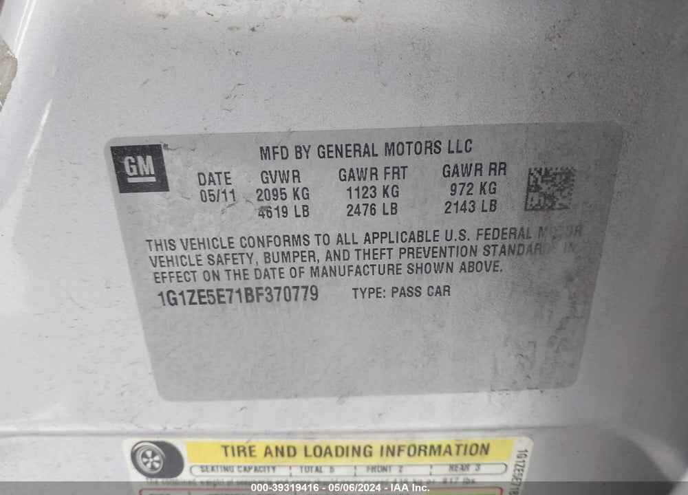 2011 CHEVROLET MALIBU LTZ VIN: 1G1ZE5E71BF370779