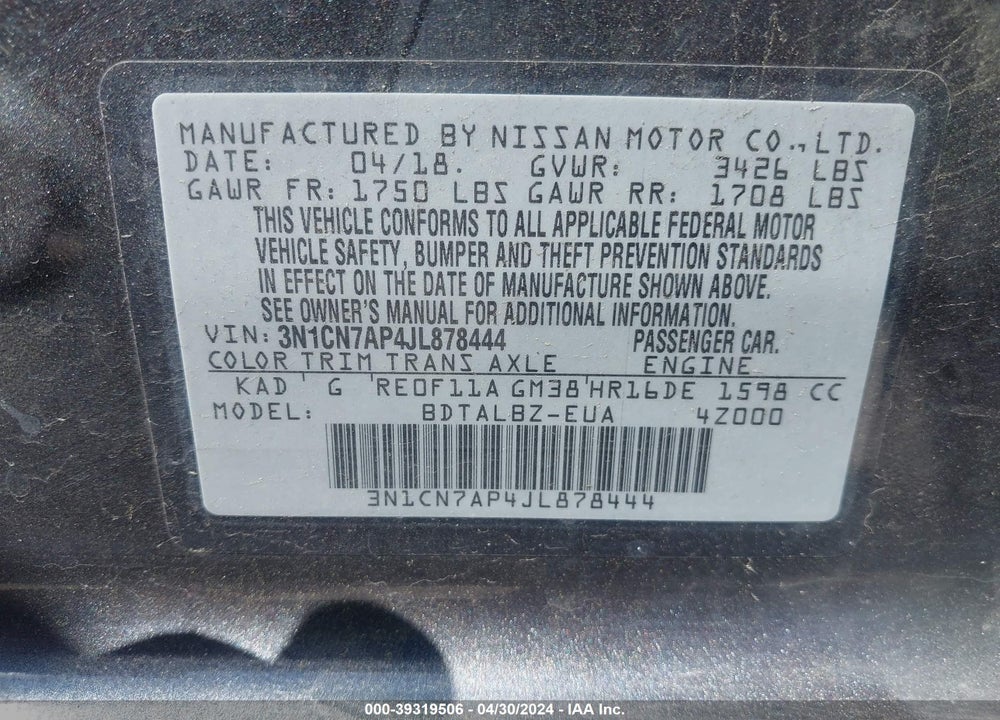 2018 NISSAN VERSA 1.6 SV VIN: 3N1CN7AP4JL878444