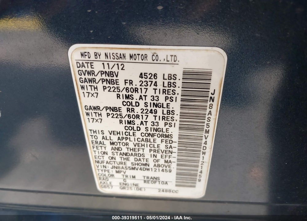 2013 NISSAN ROGUE SV VIN: JN8AS5MV4DW121459