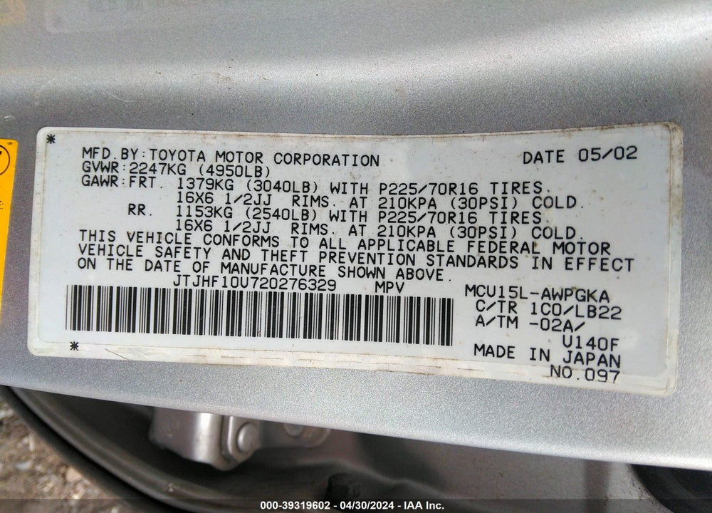 2002 LEXUS RX 300 VIN: JTJHF10U720276329