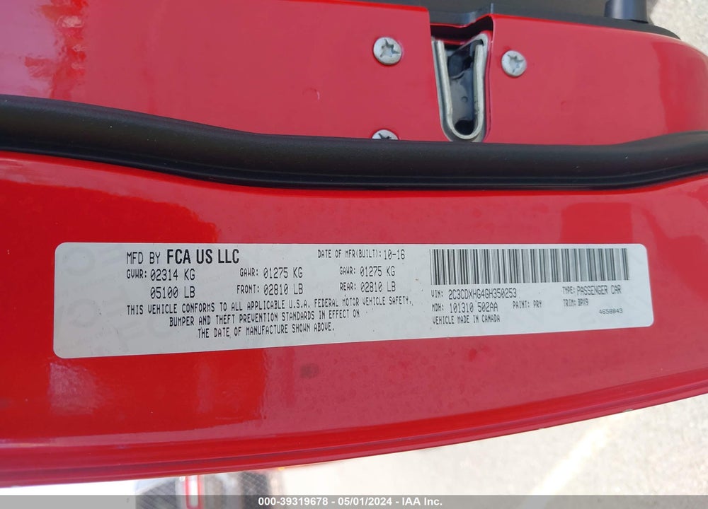 2016 DODGE CHARGER SXT VIN: 2C3CDXHG4GH350253