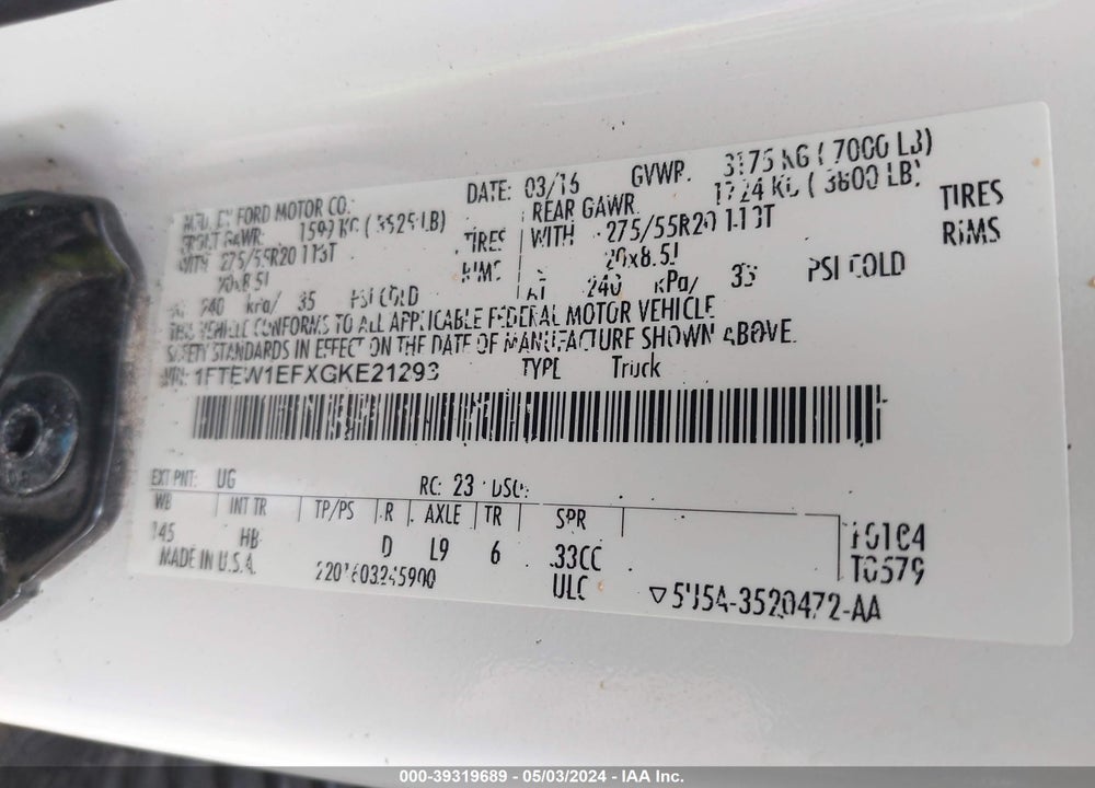 2016 FORD F150 VIN: 1FTEW1EFXGKE21293