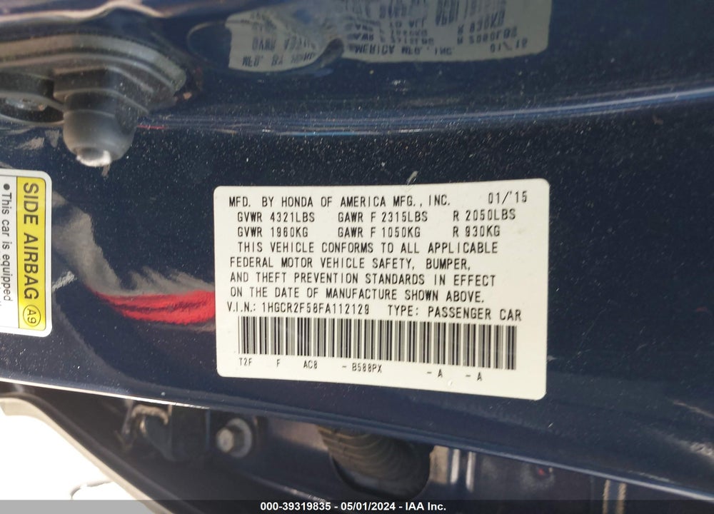 2015 HONDA ACCORD SPORT VIN: 1HGCR2F58FA112129