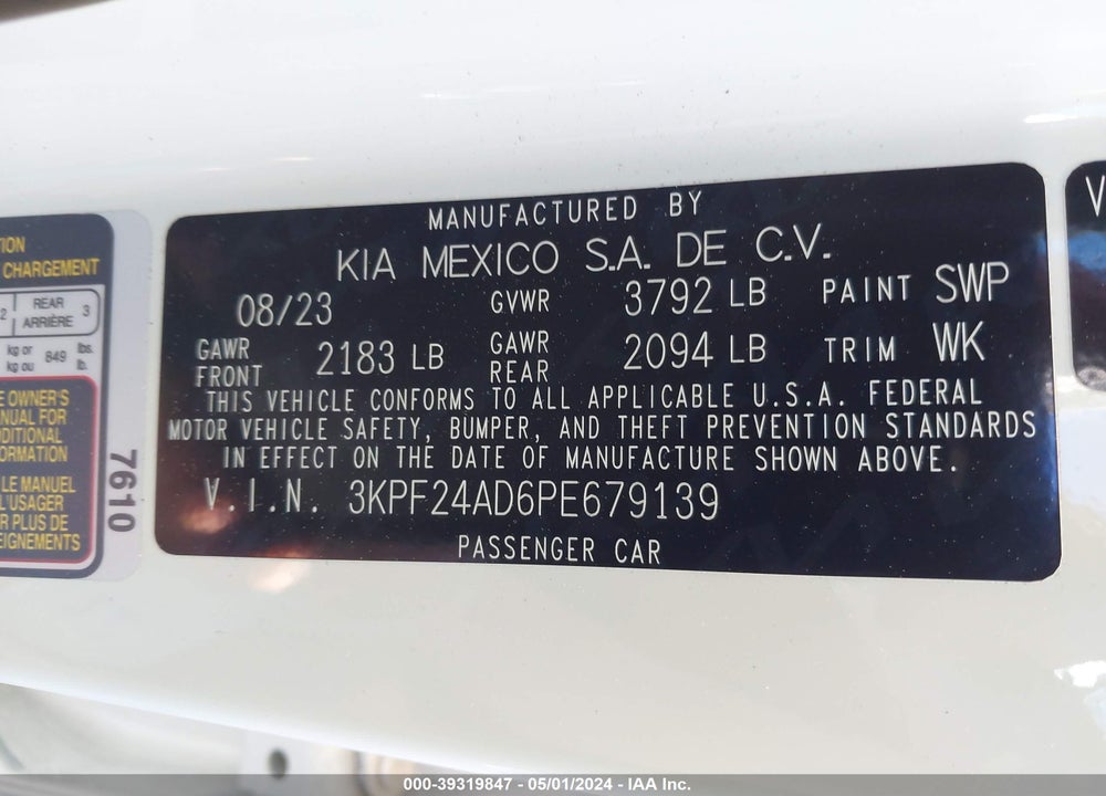 2023 KIA FORTE LXS VIN: 3KPF24AD6PE679139