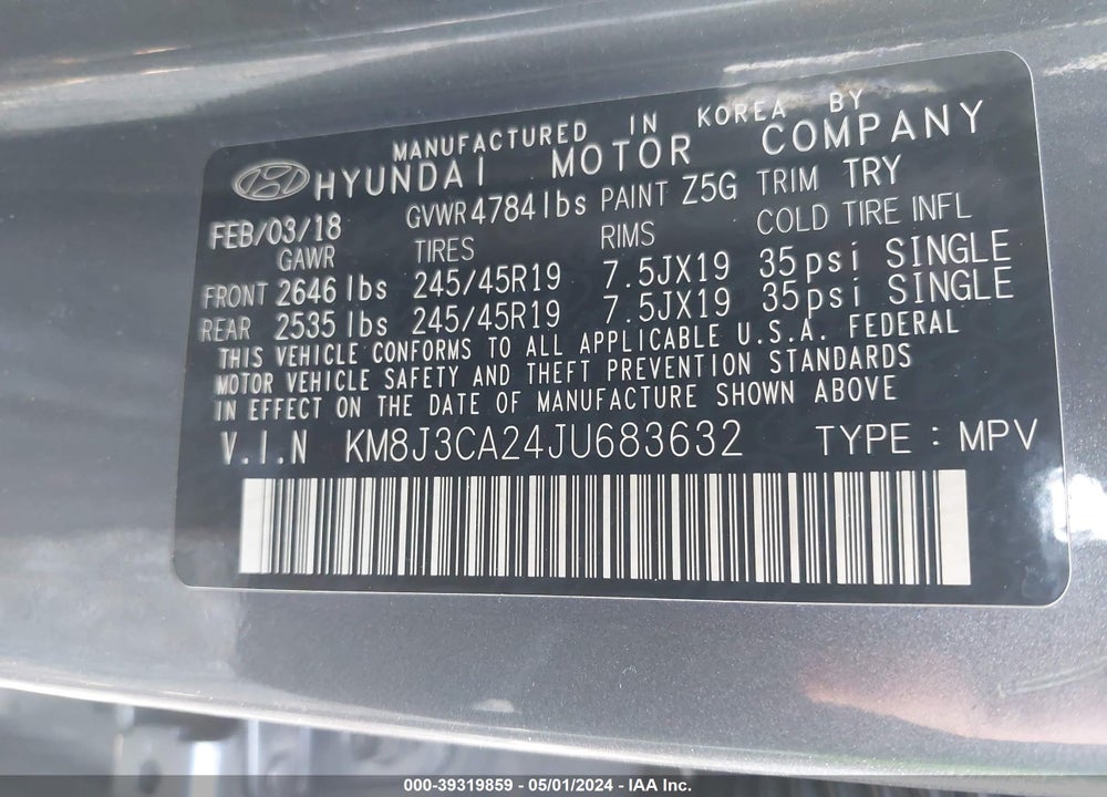 2018 HYUNDAI TUCSON VALUE VIN: KM8J3CA24JU683632