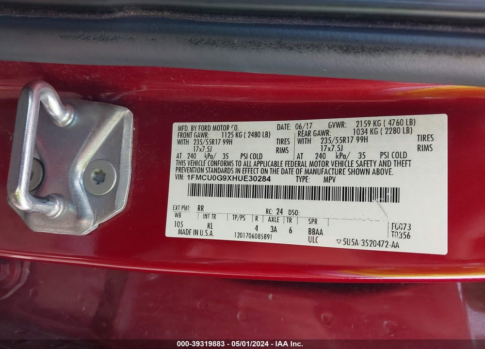 2017 FORD ESCAPE SE VIN: 1FMCU0G9XHUE30284