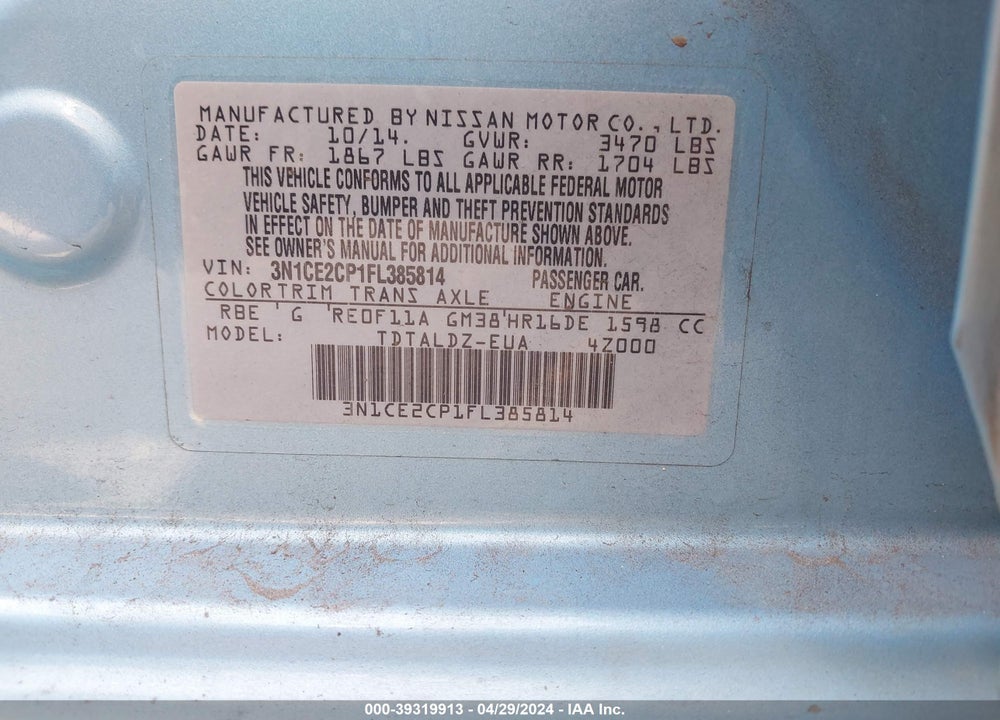 2015 NISSAN VERSA NOTE S (SR)/S PLUS/SL/SR/SV VIN: 3N1CE2CP1FL385814