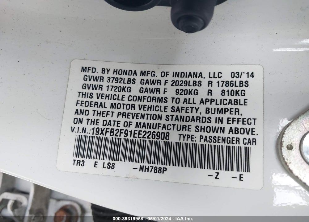2014 HONDA CIVIC VIN: 19XFB2F91EE226908
