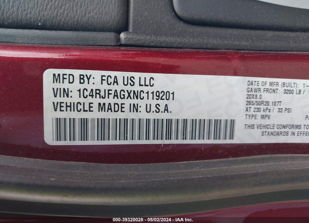 2022 JEEP GRAND CHEROKEE WK LAREDO X 4X4 VIN: 1C4RJFAGXNC119201