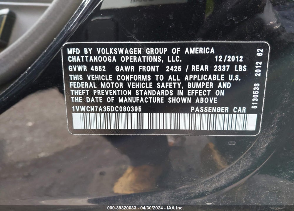 2013 VOLKSWAGEN PASSAT 2.0L TDI SEL PREMIUM VIN: 1VWCN7A35DC080395