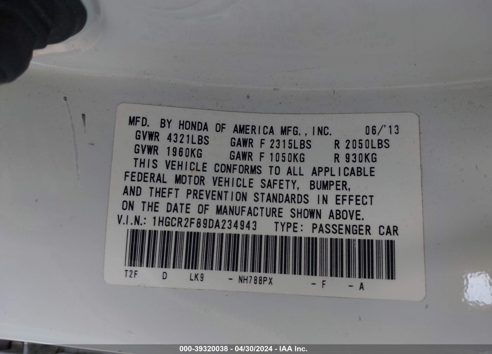 2013 HONDA ACCORD EX-L VIN: 1HGCR2F89DA234943