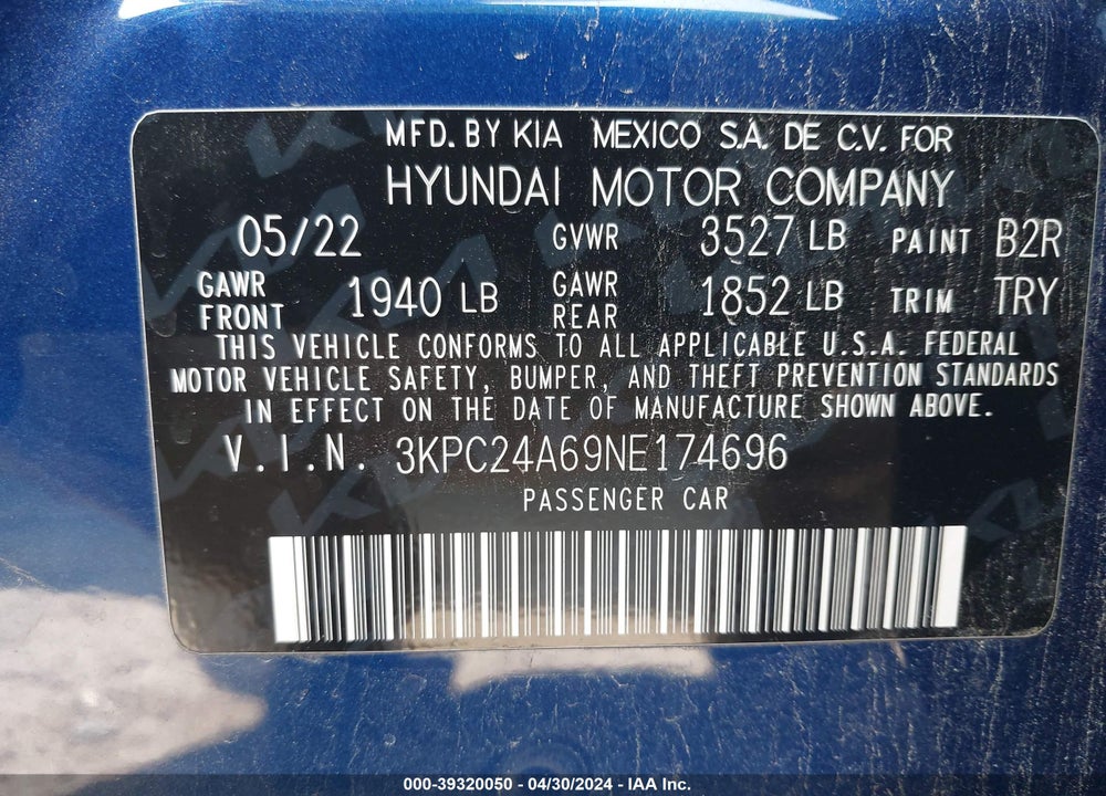 2022 HYUNDAI ACCENT SEL VIN: 3KPC24A69NE174696
