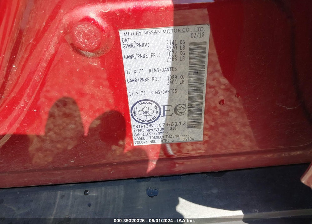 2018 NISSAN ROGUE S/SL/SV VIN: 5N1AT2MV1JC766117