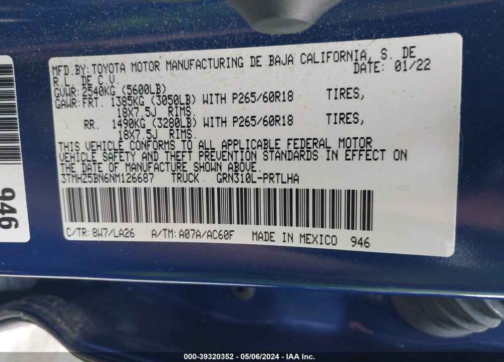2022 TOYOTA TACOMA LIMITED VIN: 3TMHZ5BN6NM126687