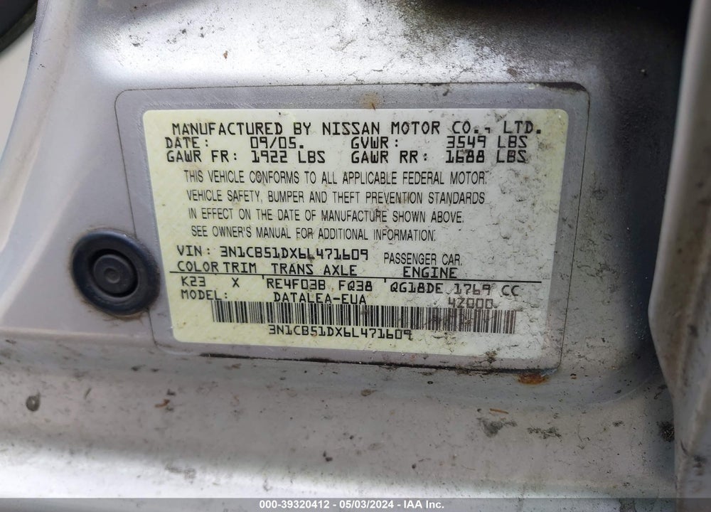 2006 NISSAN SENTRA VIN: 3N1CB51DX6L471609