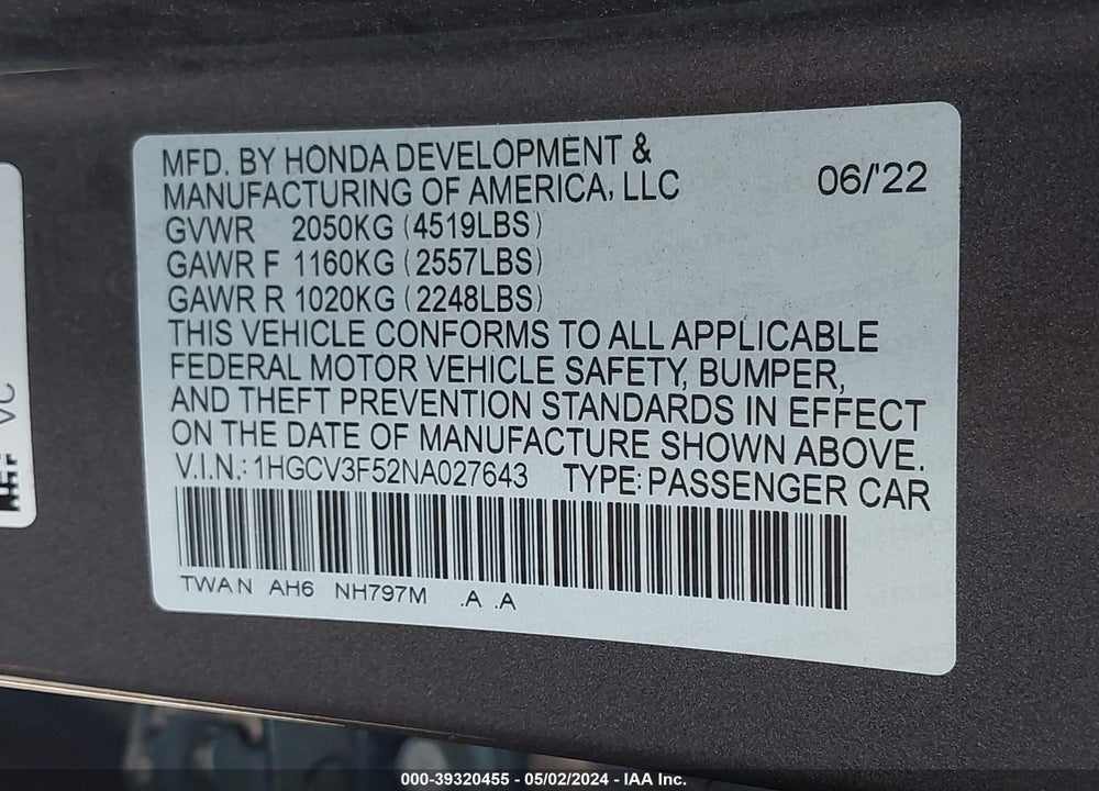 2022 HONDA ACCORD HYBRID EX-L VIN: 1HGCV3F52NA027643