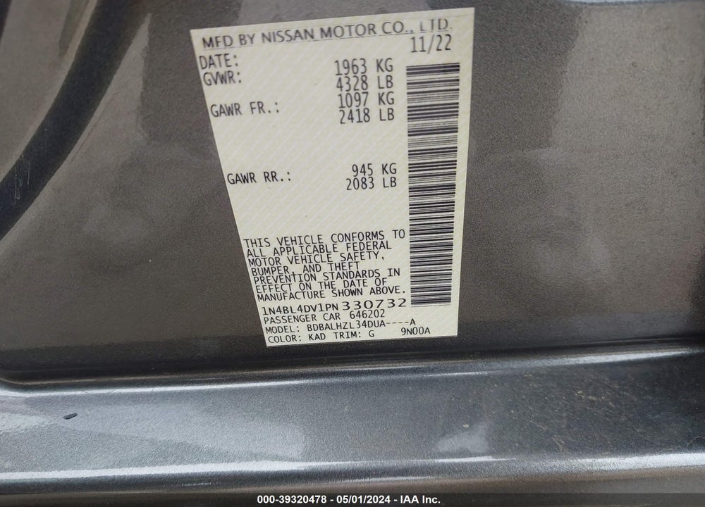 2023 NISSAN ALTIMA SV FWD VIN: 1N4BL4DV1PN330732