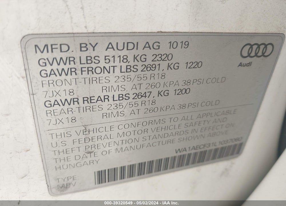 2020 AUDI Q3 PREMIUM 45 TFSI QUATTRO TIPTRONIC VIN: WA1AECF31L1037060