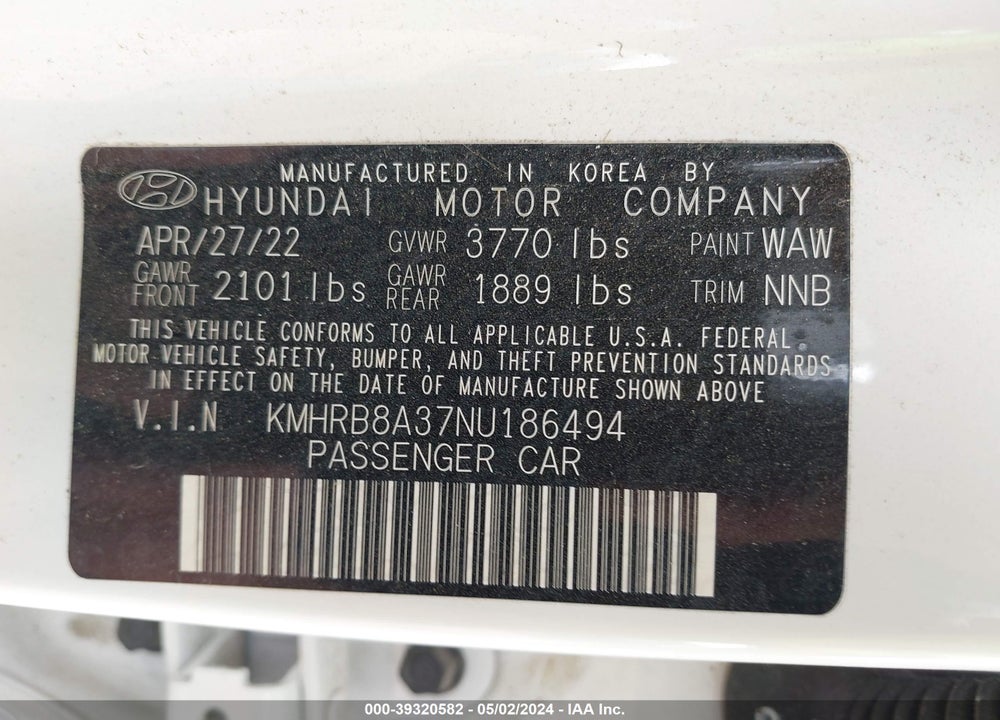 2022 HYUNDAI VENUE SE VIN: KMHRB8A37NU186494