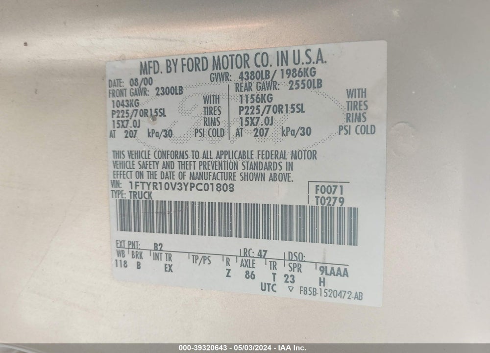 2000 FORD RANGER XL/XLT VIN: 1FTYR10V3YPC01808