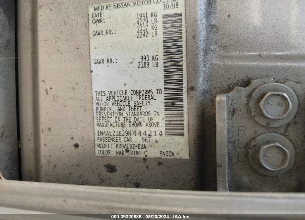 2009 NISSAN ALTIMA 2.5 S VIN: 1N4AL21E29N444214