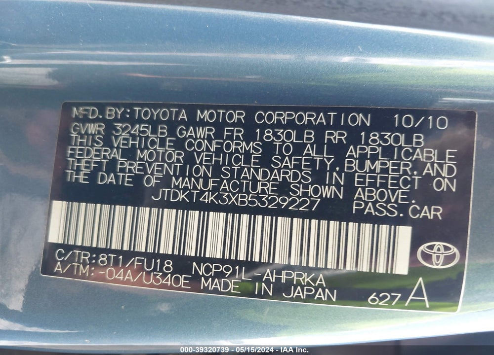 2011 TOYOTA YARIS VIN: JTDKT4K3XB5329227