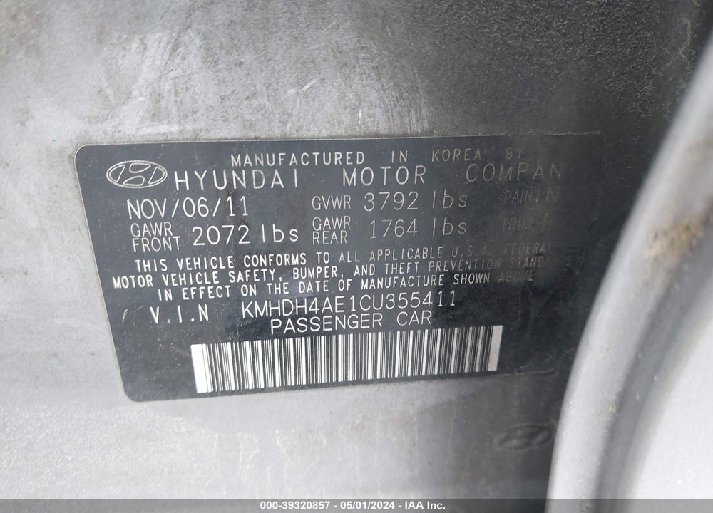 2012 HYUNDAI ELANTRA GLS (ULSAN PLANT) VIN: KMHDH4AE1CU355411